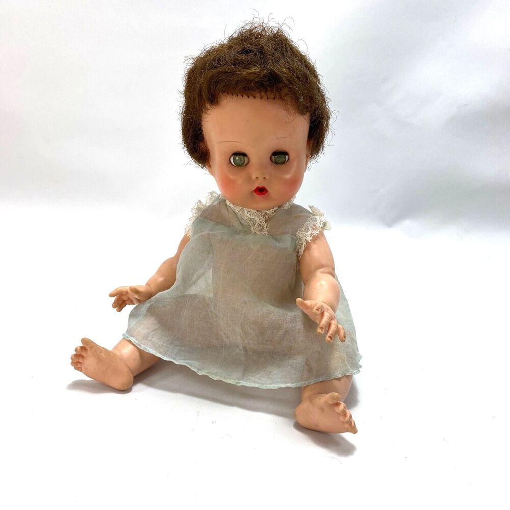 Vintage Creepy Scary Baby Doll Fuzzy Hair Open Close Eyes Rubber Body Move Limbs